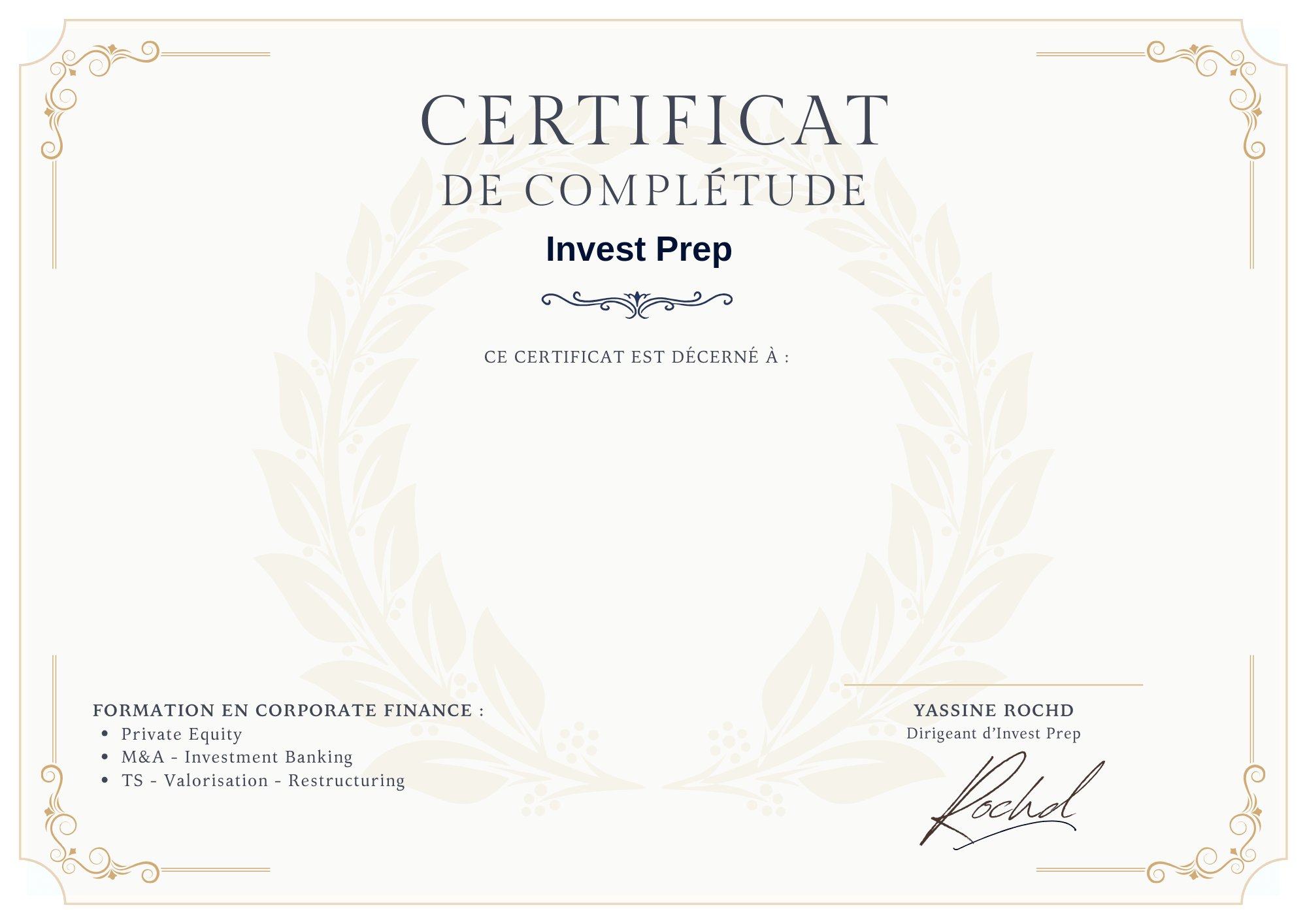Certificat de réussite Invest Prep