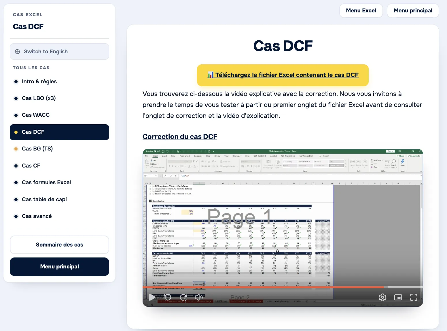 Cas Excel DCF corrigé en vidéo, espace membre Invest Prep