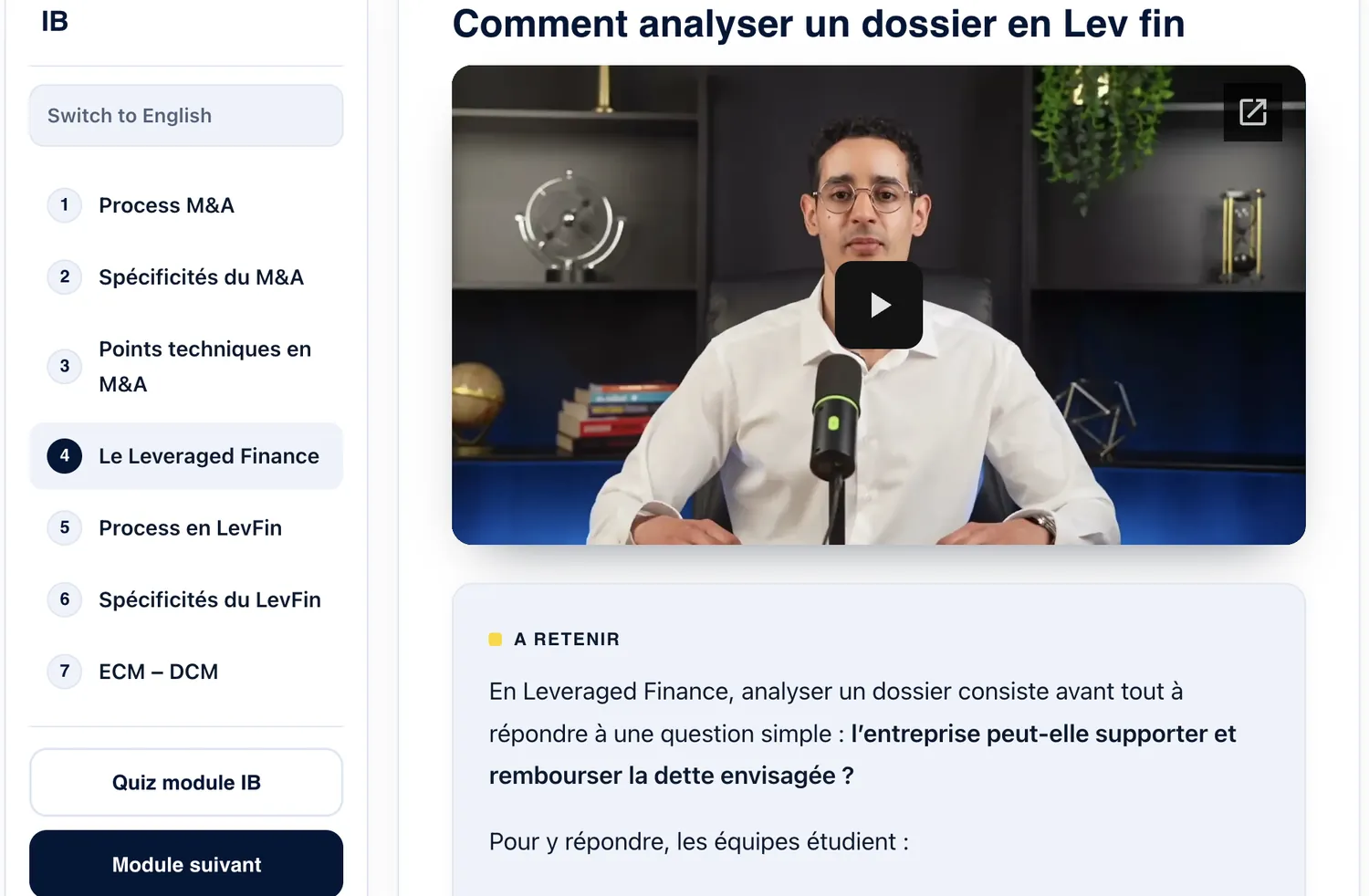 Module métier Banque d'investissement de l'espace membre Invest Prep